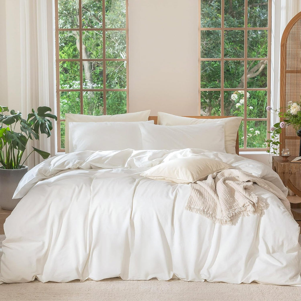 MooMee Bedding Duvet Cover Set 100% Washed Cotton Linen Like Textured Breathable Durable Soft Comfy (Solid Off White, Alaska King 132'x120')