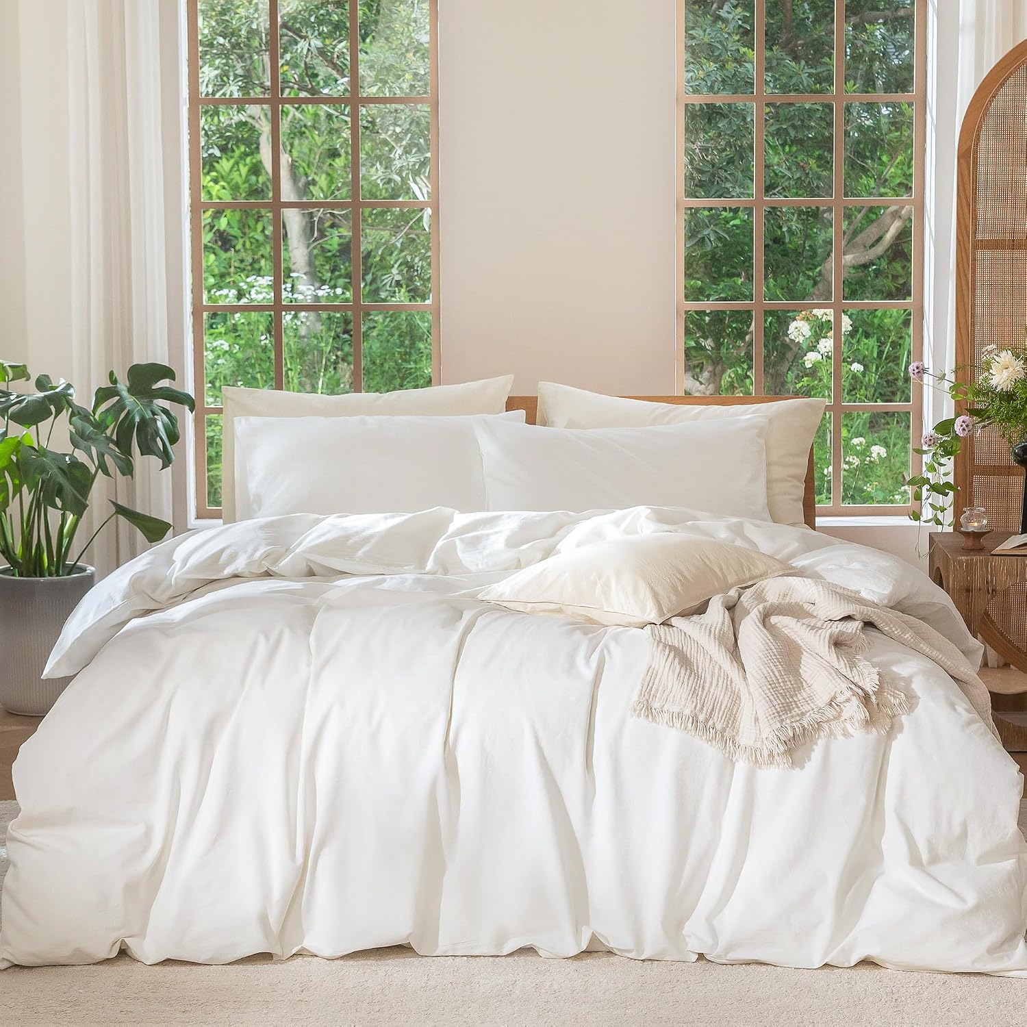 MooMee Bedding Duvet Cover Set 100% Washed Cotton Linen Like Textured Breathable Durable Soft Comfy (Solid Off White, Alaska King 132'x120')