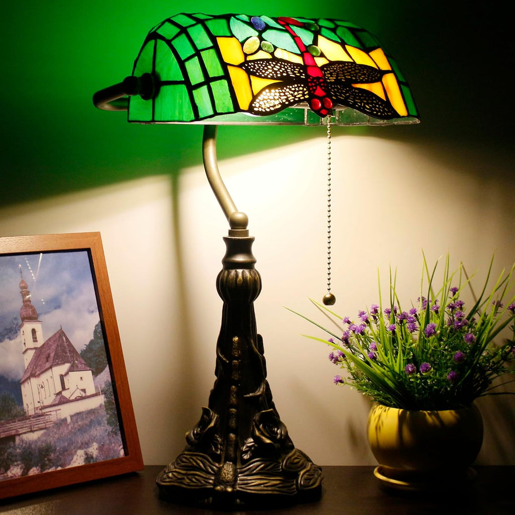 Tiffany Banker Lamp Small Stained Glass Table Lamp Tiffany Style Piano Light Green Dragonfly Style Desk Lamp Angle Adjustable 10.6X15.7 Inch for Home Office Living Room Bedroom