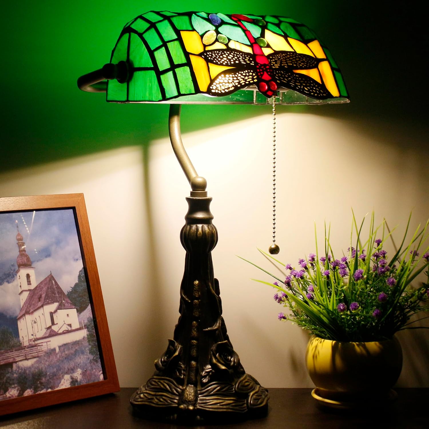 Tiffany Banker Lamp Small Stained Glass Table Lamp Tiffany Style Piano Light Green Dragonfly Style Desk Lamp Angle Adjustable 10.6X15.7 Inch for Home Office Living Room Bedroom
