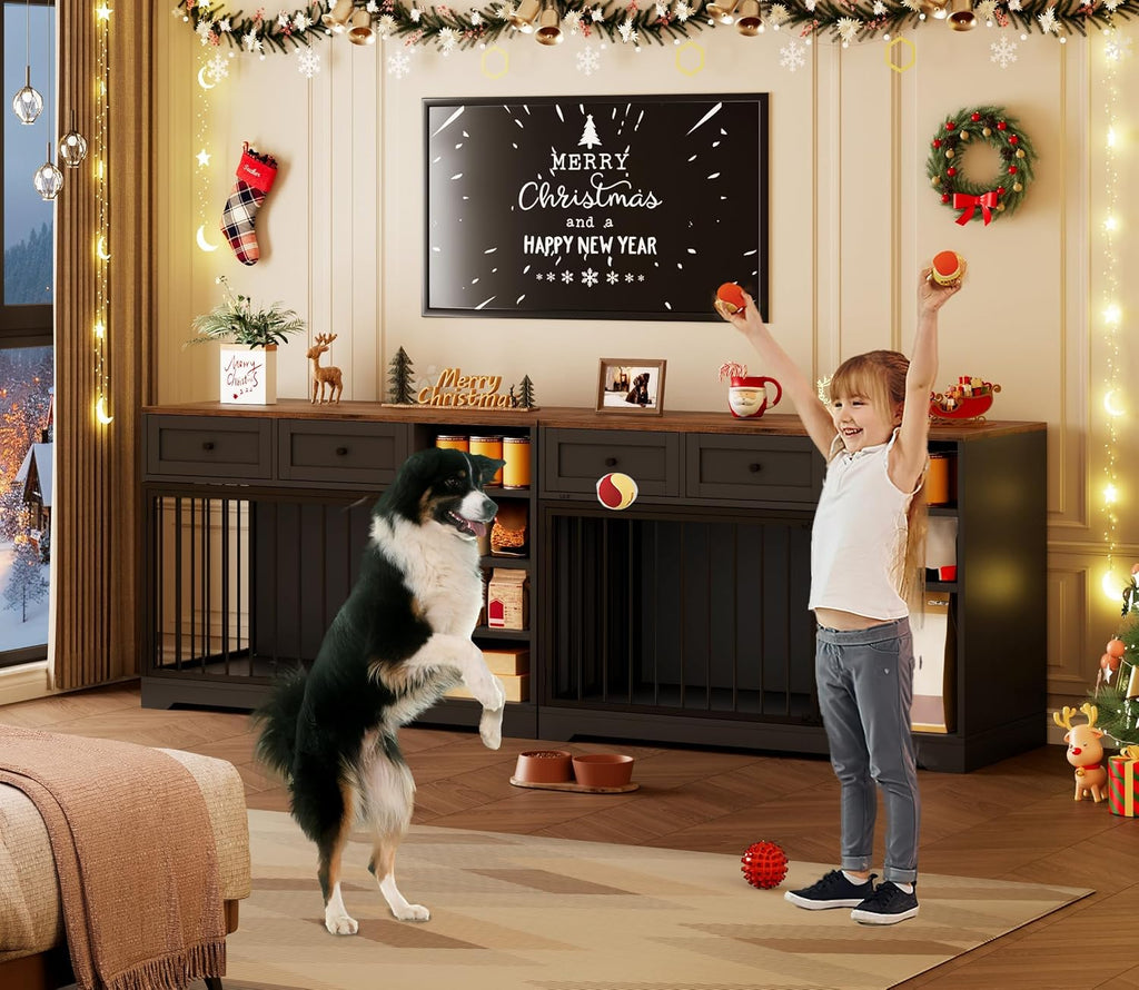 GAOMON Wooden Dog Crate Furniture with 2 Drawers and 4 Open Shelves, Multi-Functional Pet Kennel & TV Stand with Storage for Indoor Use, Black