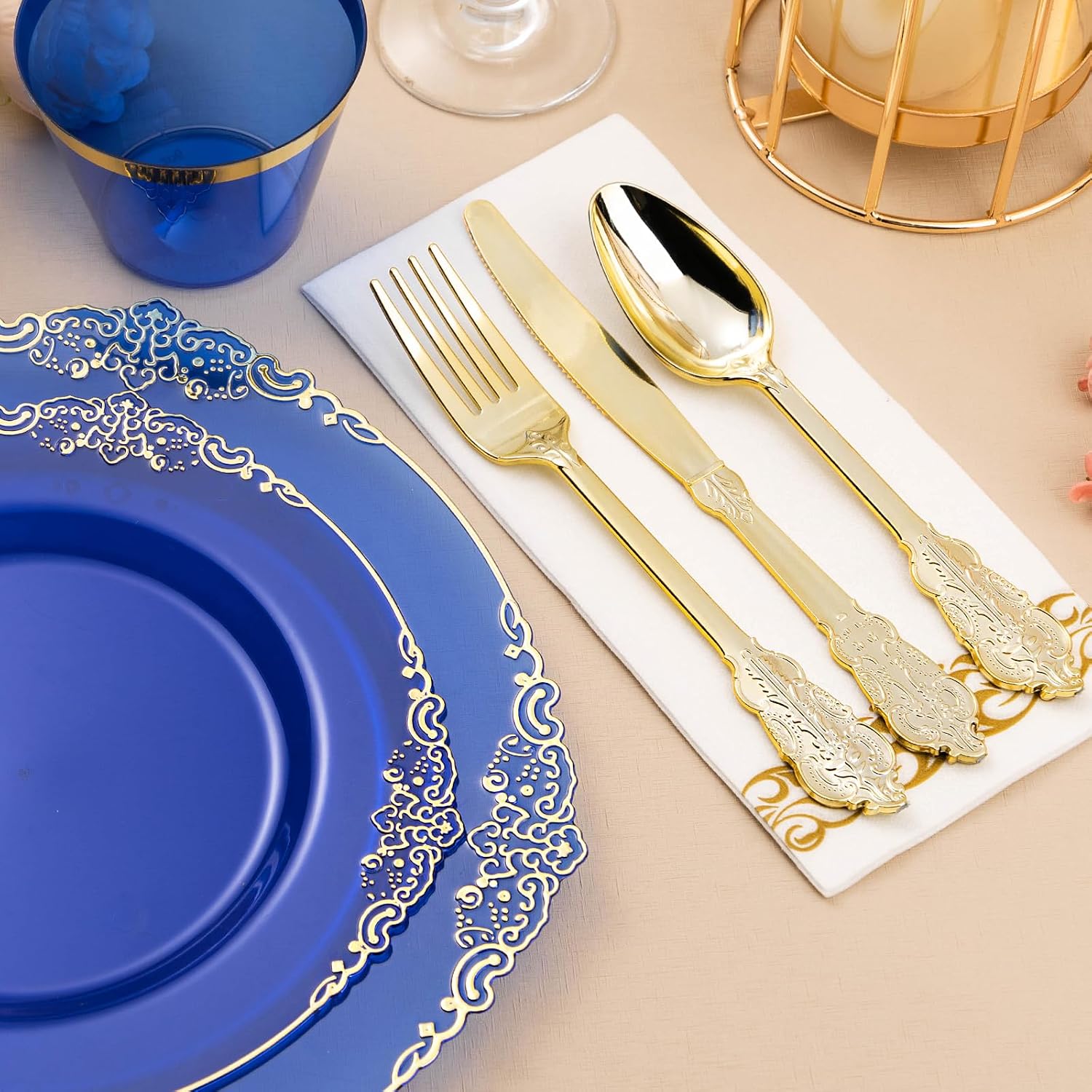 Bestluck 700PCS Clear Blue Plastic Plates for 100 Guests, Disposable Plates with Gold Trim include 100 Dinner plates, 100 Dessert Plates, 100 Gold Silverware, Cups and Napkins for Party, Graduation