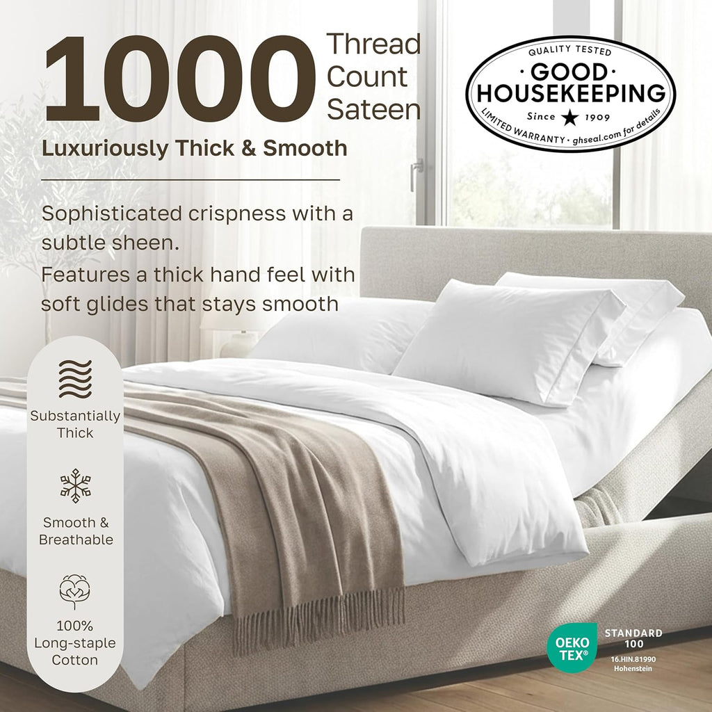 California Design Den Split King Sheets Sets for Adjustable Bed - 1000 Thread Count Sateen, Thick and Natural 100% Cotton Bed Sheets, Deep Pockets, Durable Bedding Set - White
