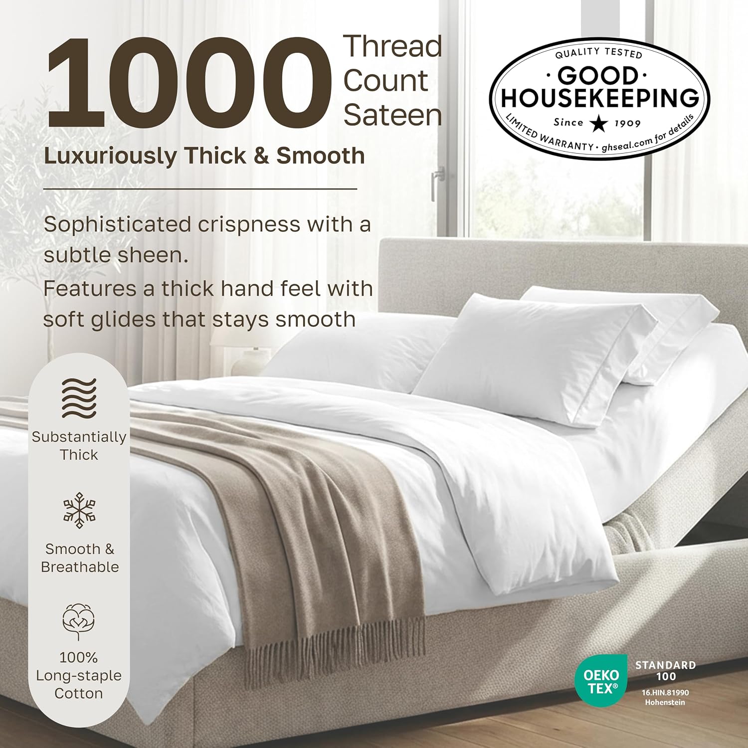 California Design Den Split King Sheets Sets for Adjustable Bed - 1000 Thread Count Sateen, Thick and Natural 100% Cotton Bed Sheets, Deep Pockets, Durable Bedding Set - White