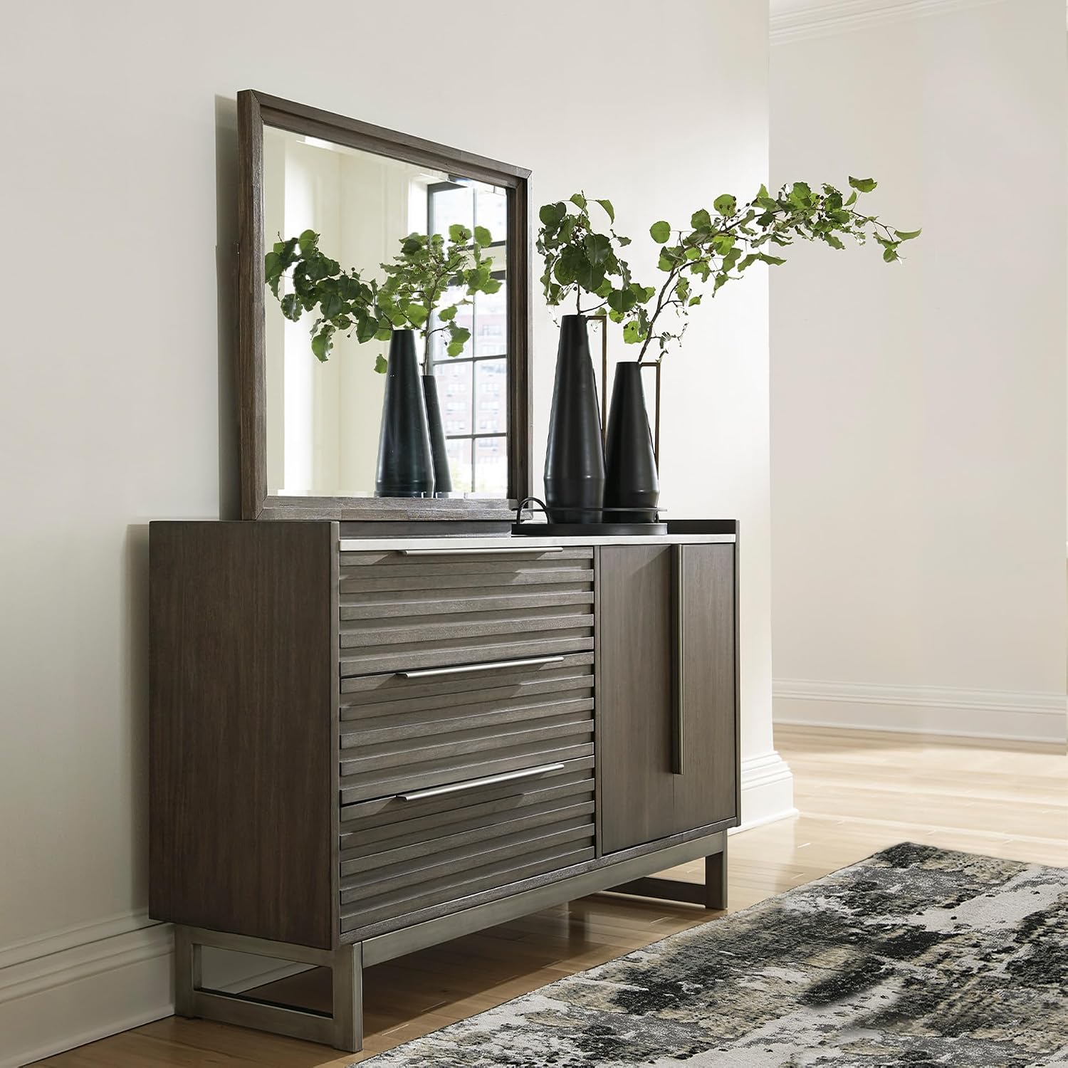 Signature Design by Ashley Arkenton Mid-Century Modern 3-Drawer Dresser and Mirror with Felt-Lined Top Drawer, Adjustable Shelf and Safety Stop, Dark Brown & White