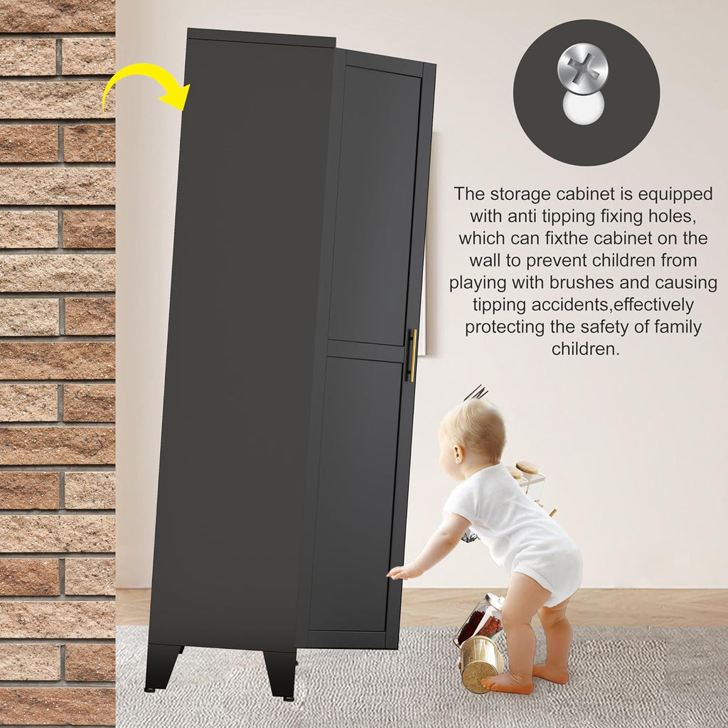 erosoei 75.2'H Metal Kitchen Pantry Storage Cabinet, Storage Cabinets with Adjustable Feet and Shelves,Food Pantries Cupboard for Kitchen, Living Room, Laundry Room and Dinning Room（Black）