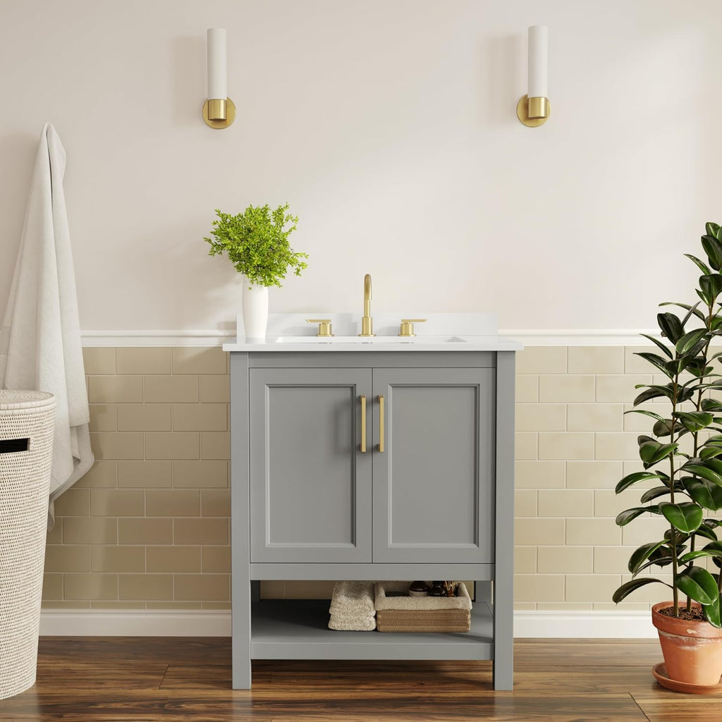 Flash Furniture Vega 30 Inch Bathroom Vanity with Sink Combo, Storage Cabinet with Soft Close Doors and Open Shelf, Carrara Marble Finish Countertop, Gray/White