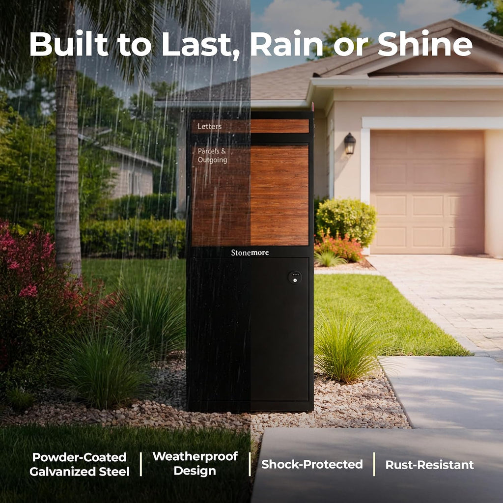 Hudson USPS Compatible Mailbox, Classic Black/Oak Package Mailbox, Anti-Theft Locking Parcel Drop Box for Porch Or Curbside, Large Mailbox for Packages, Weather-Sealed Powder Coated Steel