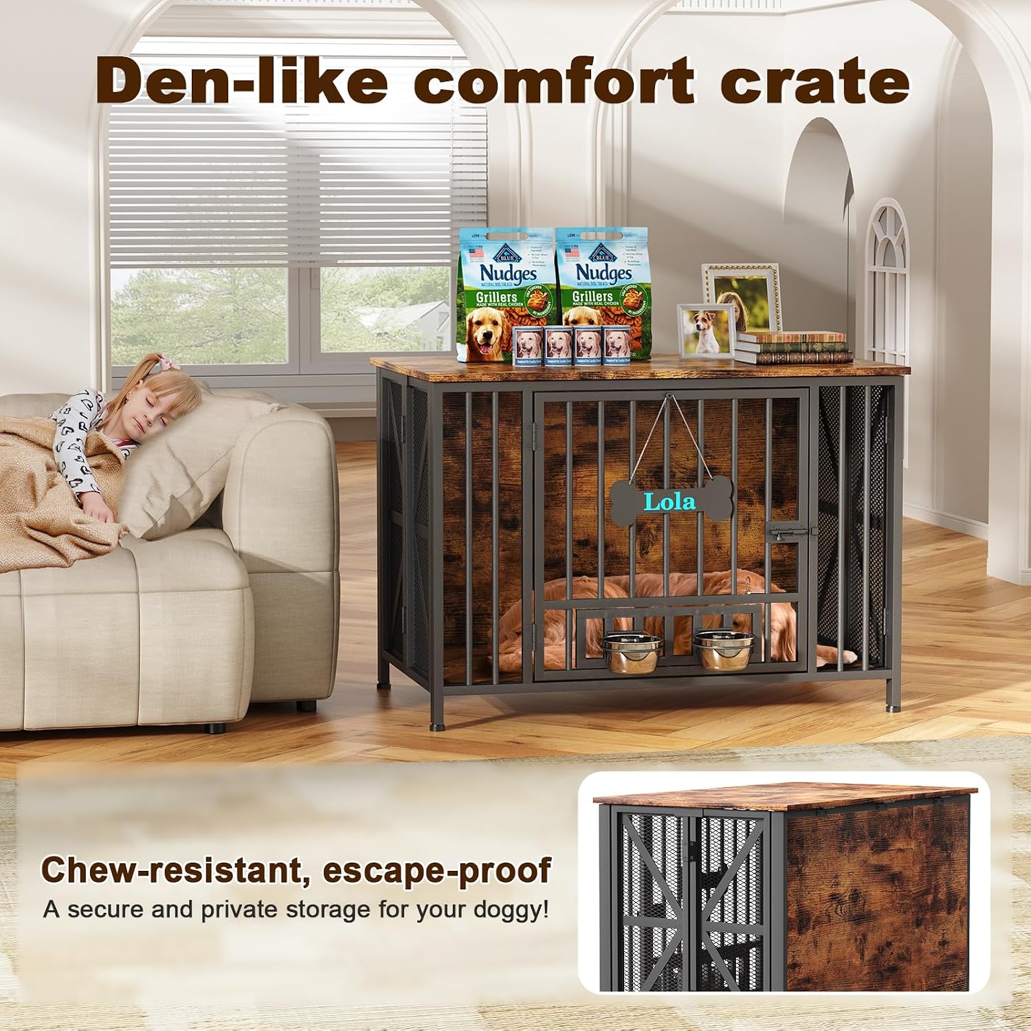 Easycom Foldable Large Dog Crate Furniture, 41.3' Assembly-Free Dog Crates for Large Dogs, Wooden Dog Kennel Indoor with Tag & Dog Bowls, Dog Cage Use as TV Stand, Rustic Brown