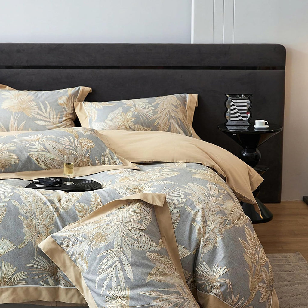 100% Cotton Duvet Cover Queen Size Set, Luxury Reversible Botanical Floral Patterned, Ultra Soft & Breathable Bedding for All Season Comfort, 3 Pieces (90'x90')