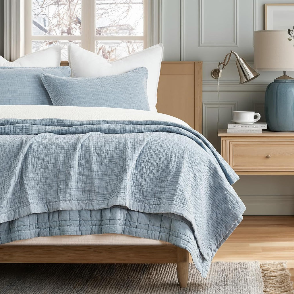 EVERGRACEHOME Stonewashed Cotton Quilt Set Queen Size, Ultra Soft Oversized Bedspread Coverlet Set, Lightweight Crinkle Box Stitch Bedding Sets for All Season, with 2 Matching Shams, Blue Linen
