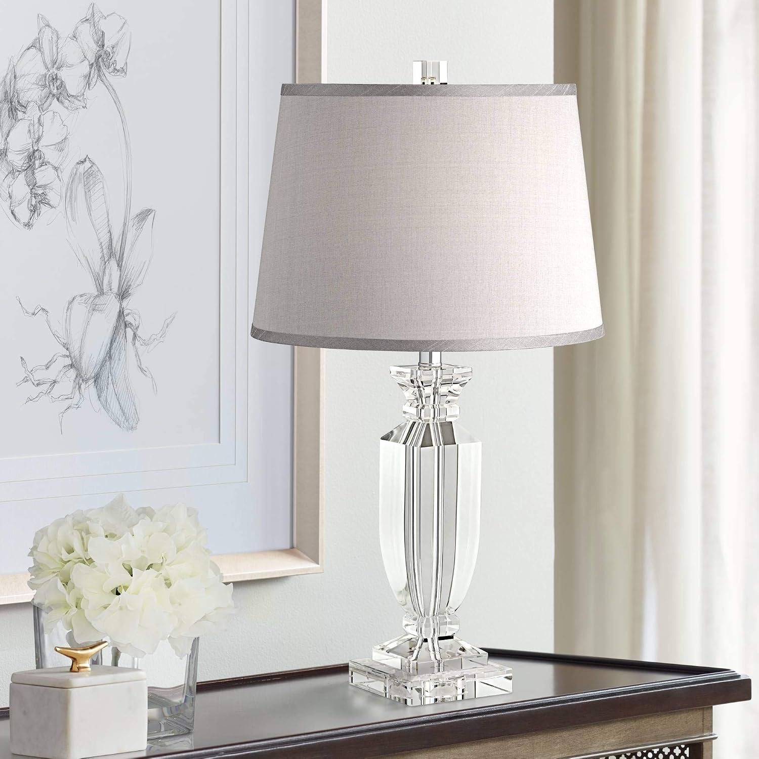 Vienna Full Spectrum Sherry Traditional Glam Luxury Table Lamp 25' High Clear Crystal Body Gray Tapered Drum Shade Decor for Living Room Bedroom House Bedside Nightstand Home Office Entryway Reading