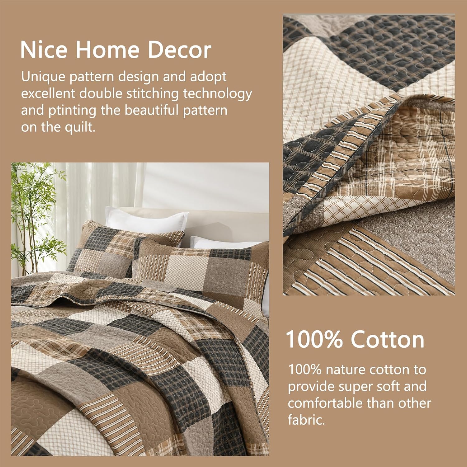 Finlonte Quilt King Size, King Quilt Set, Cotton Quilt, Farmhouse Plaid King Quilted Bedspread, Charcoal Beige Brown Lightweight Comforter Bedding Set for All Season, 3-Piece