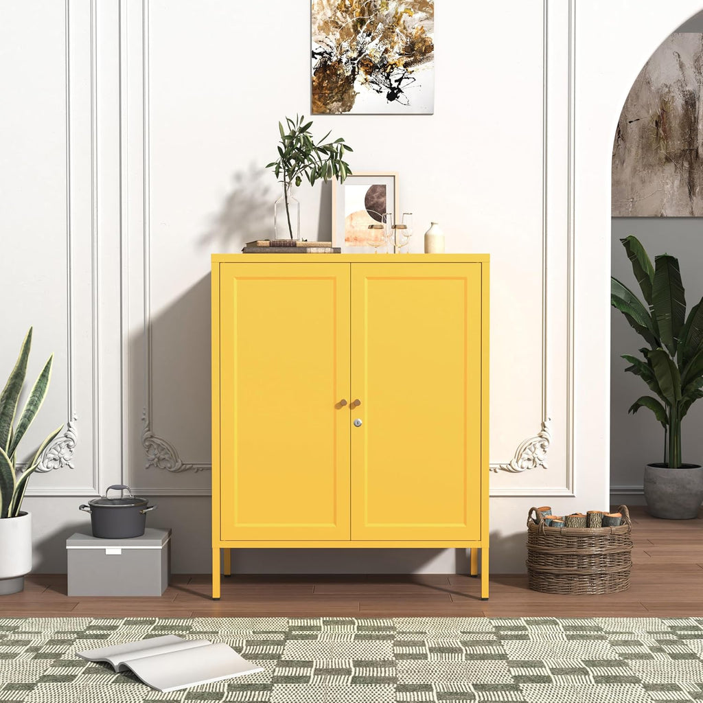 Lockable Metal Storage Cabinet Double Door Metal Cabinet Home Decor Cabinet with Adjustable Shelves Coffee Bar Cabinet Suitable for Living Room and Dining room Yellow : 13.8'D x 31.5'W x 36'H