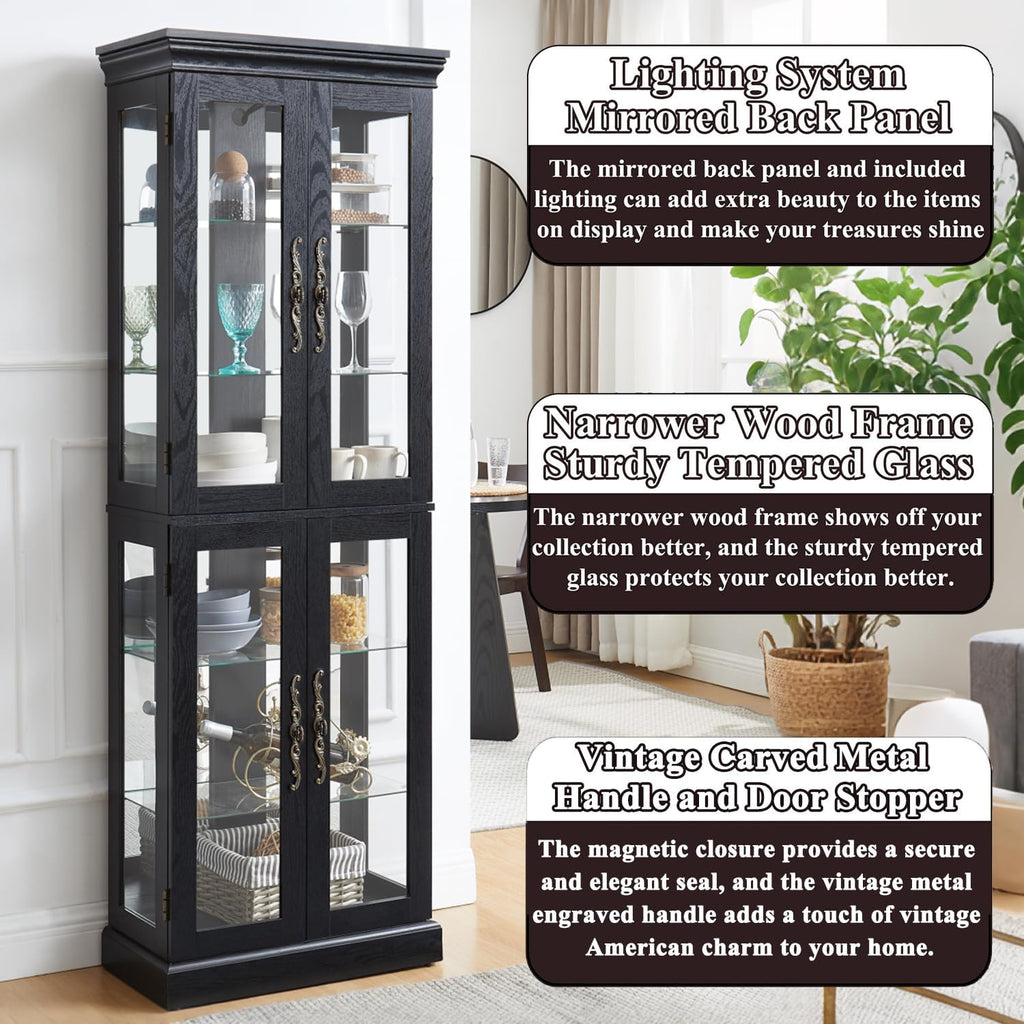 71' H Lighted Wooden Curio Cabinet, Freestanding Glass Display Case with Tempered Glass Door, Adjustable Shelves and Mirrored Back Panel, Decorative Cabinet for Living Room,Office (Black)