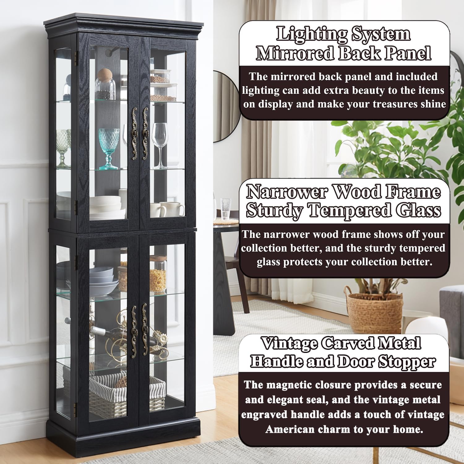 71' H Lighted Wooden Curio Cabinet, Freestanding Glass Display Case with Tempered Glass Door, Adjustable Shelves and Mirrored Back Panel, Decorative Cabinet for Living Room,Office (Black)