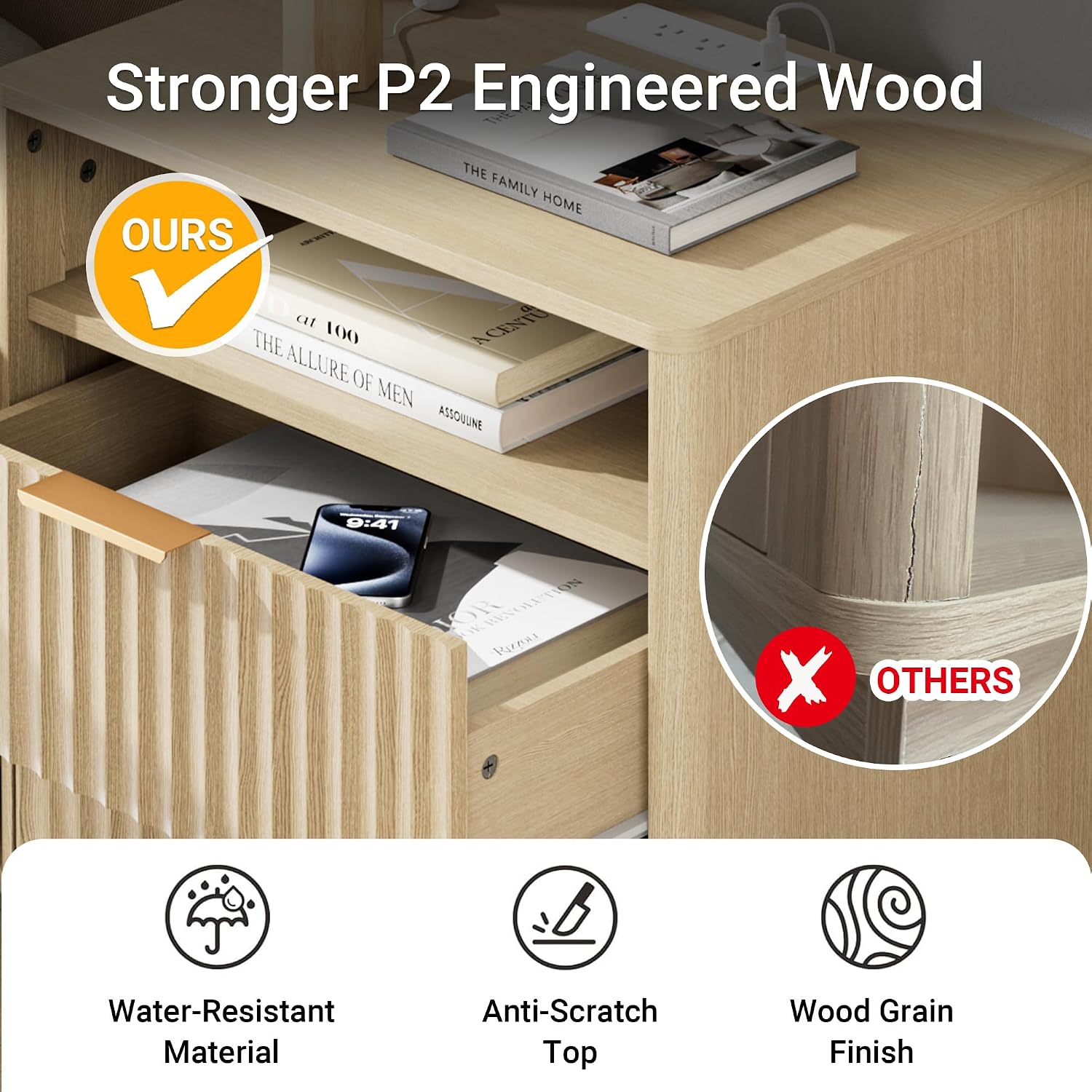 Fluted Nightstand, Night Stand Set 2, Modern Nightstands Set of 2 with Charging Station, 2 Drawer End Table w/Storage, Bedside Table for Bedroom Sofa Home Office, Curved Corners,Natural Oak