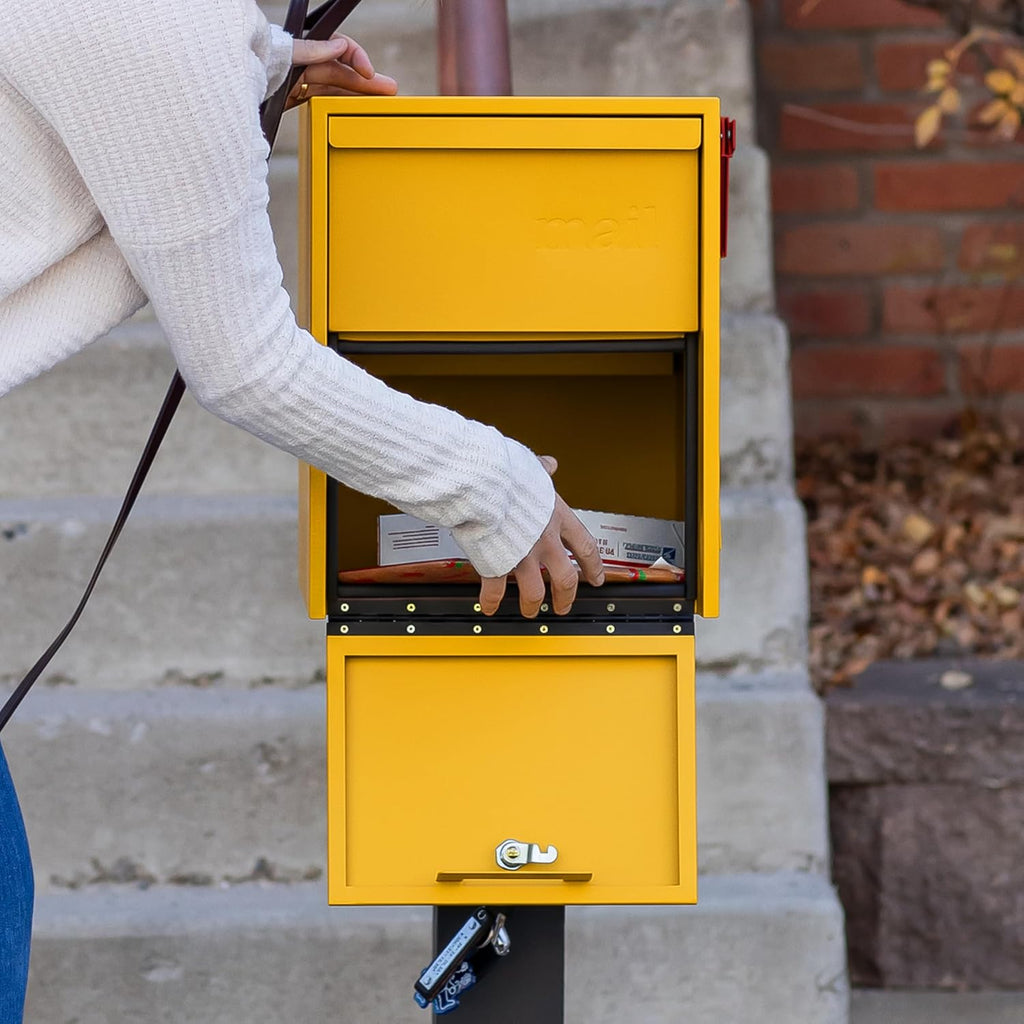 Adoorn Lockable Post Mount Mailboxes for Outside - Large Anti-Theft Locking Mailbox for Packages and Letters - Weatherproof Construction - Durable Steel - 15.5' H x 12' W x 18.5' D - Yellow