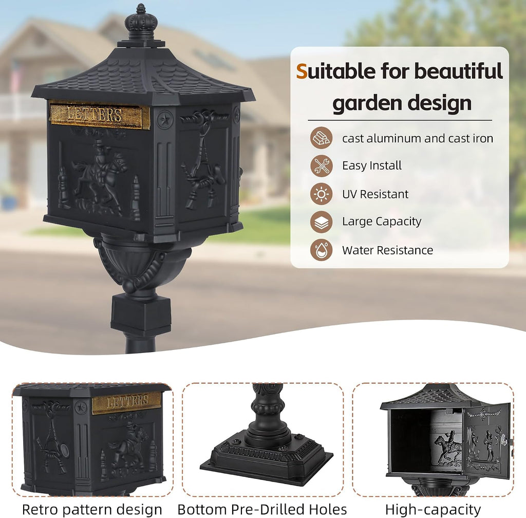 Cast Aluminum Locking Mailbox, Heavy Duty Security Postal Box, Retro Mid-Century Outdoor Mailbox with Key Lock, Weatherproof Anti-Theft Design, Easy Installation, Black