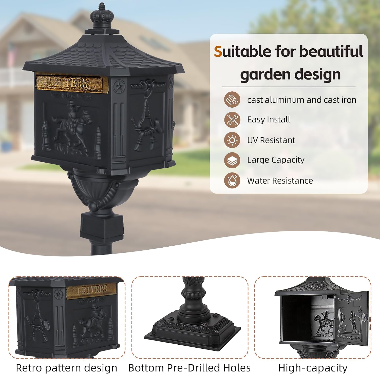 Cast Aluminum Locking Mailbox, Heavy Duty Security Postal Box, Retro Mid-Century Outdoor Mailbox with Key Lock, Weatherproof Anti-Theft Design, Easy Installation, Black