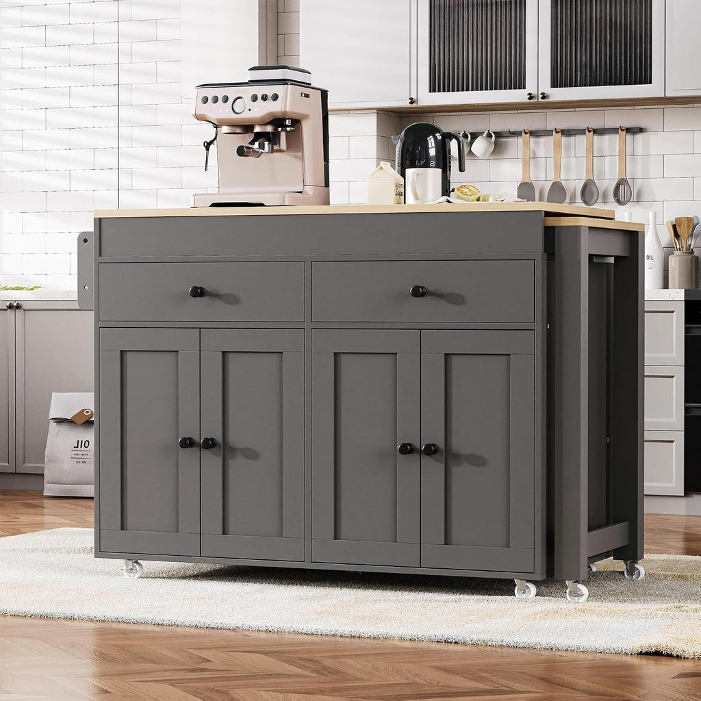 RUNNA 74.5 inch Modern Grey Kitchen Island with Extendable Dining Table, Rolling Storage Cart with 4 Door Cabinet, Spice Rack, 2 Drawers, for Kitchen, Dining Room