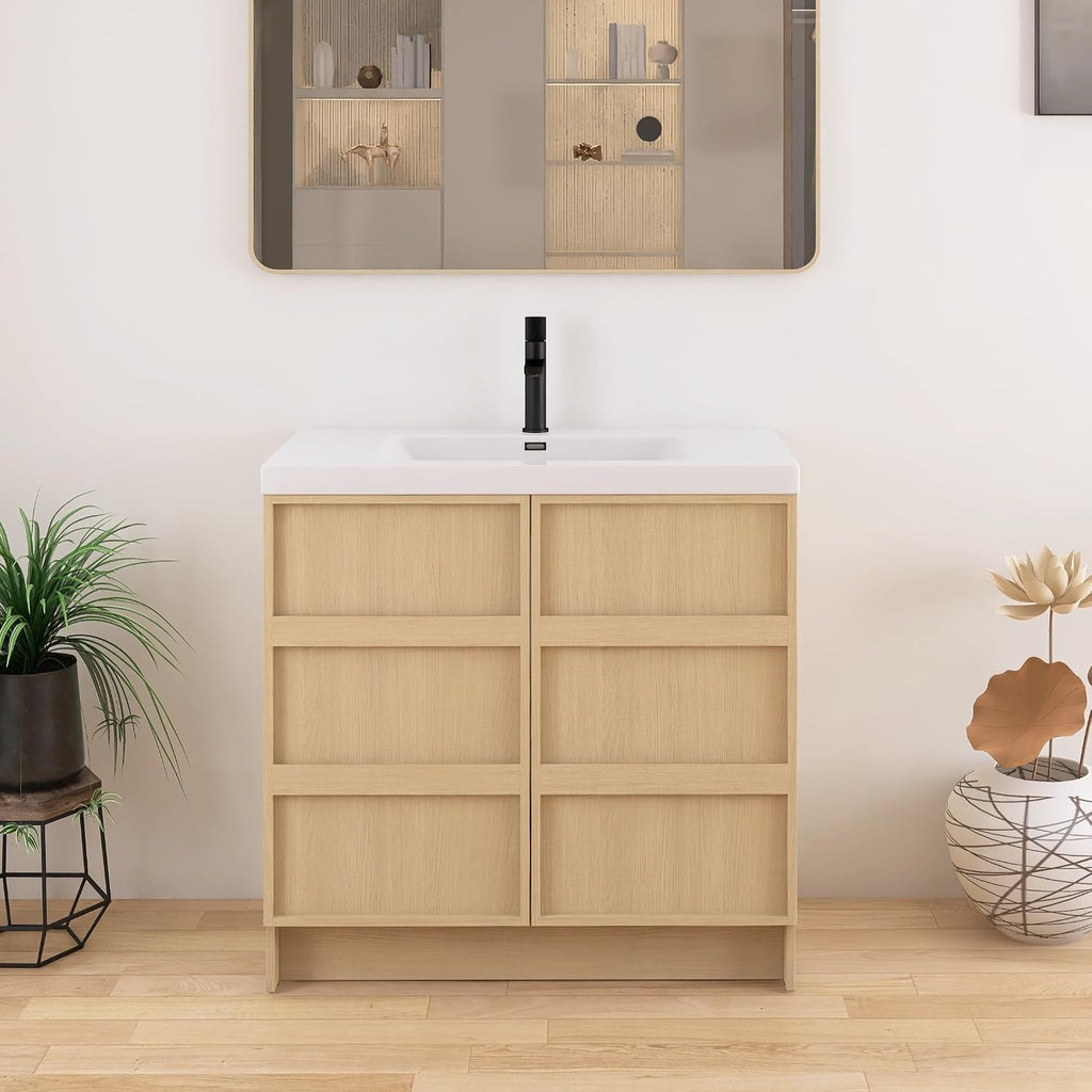 36 Inch Bathroom Vanity with Sink, 36' Freestanding Storage Cabinet Combo, 2 Soft Close Doors and Resin Basin, Modern Brown Floor Standing Vanity Set, Plywood Construction