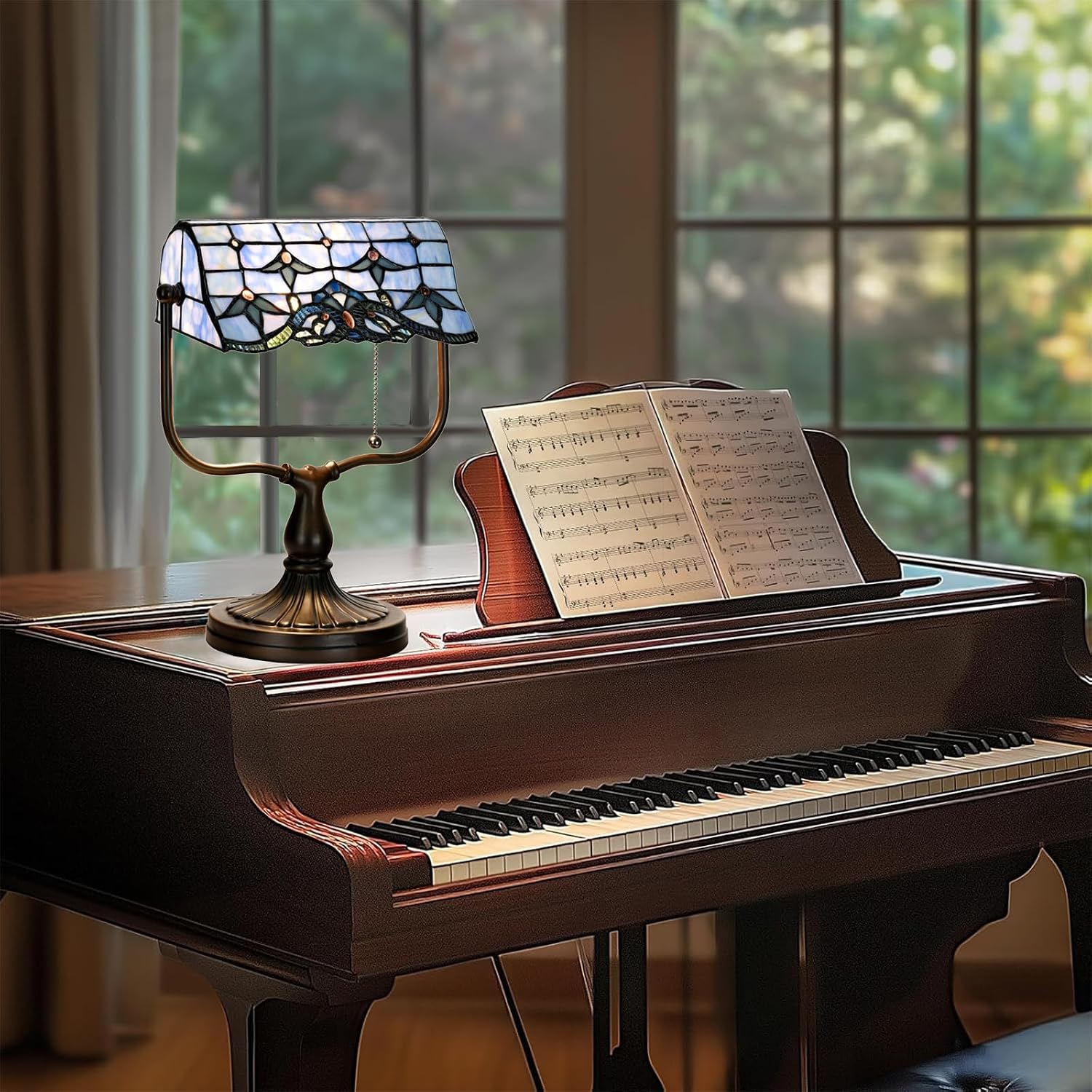 TL0031 Tiffany Banker Desk Lamp Stained Glass Blue Baroque Shade with Vintage Bronze Base W10.25 X OH13 Inch. Perfect for Piano Kitchen Beside Table, LED Bulb Included (Baroque)
