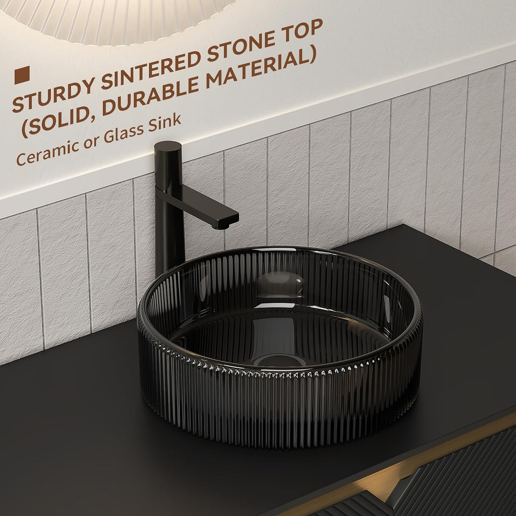 36 Inch Bathroom Vanity with Sink, Floating Fluted Vanity with Vessel Sink, Modern Bathroom Vanity Cabinet with 2 Doors with Metal Trim, Round Glass Sink & Sintered Stone Top, Black