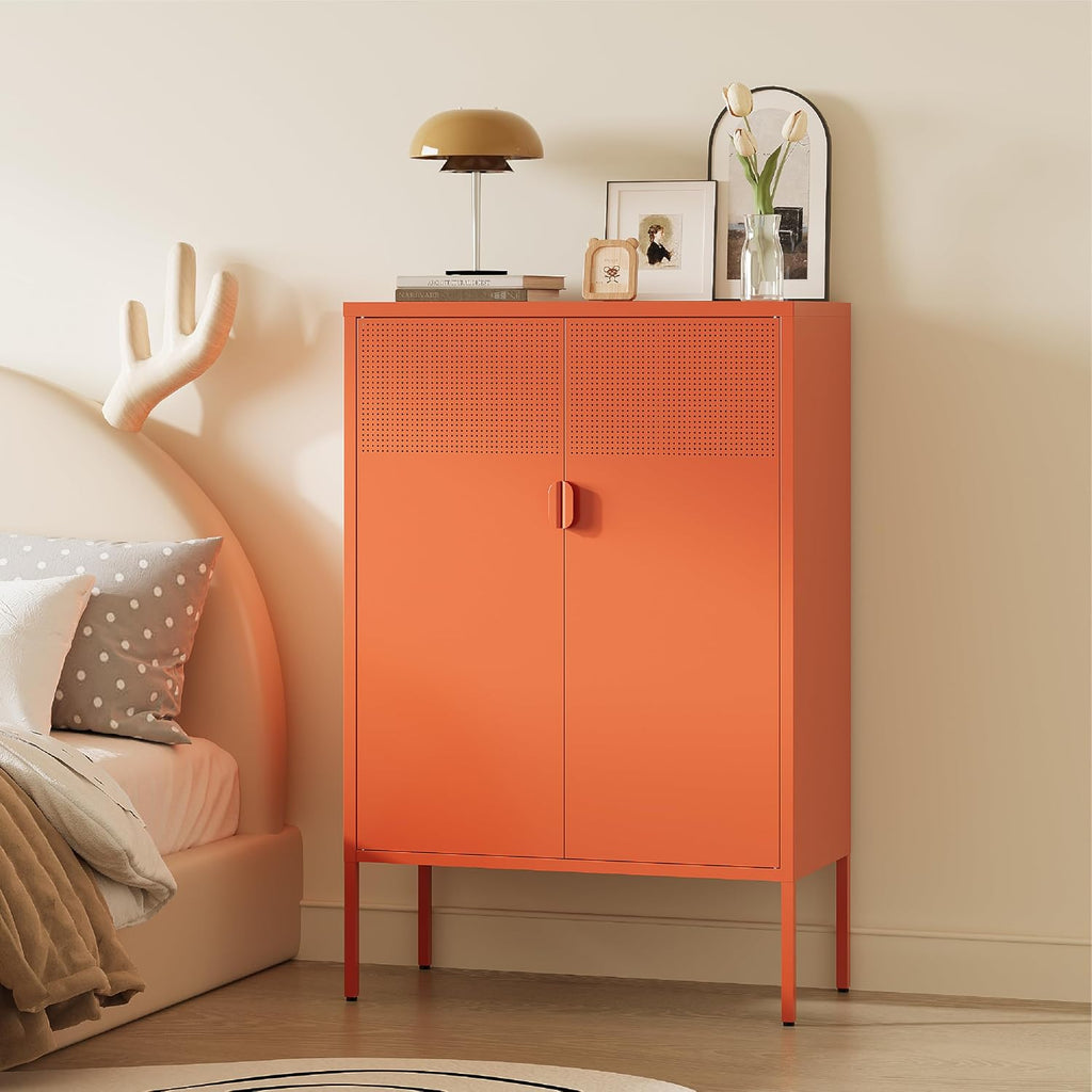 Orange Metal Storage Cabinet,2 Door TV Stand, Metal Mesh Accent Cabinet,Magnetic Door Closure,Low Storage Cabinets with Doors and Shelf for Home,Office,Living Room