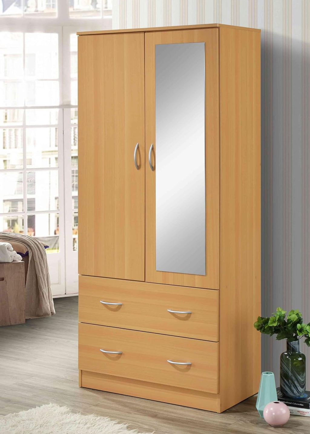HODEDAH 2 Door Wood Wardrobe for Bedroom with Hanging Clothing Rod inside the Cabinet and 2 Drawers for Storage Organization, Multifunctional Closet with Mirror, Beech