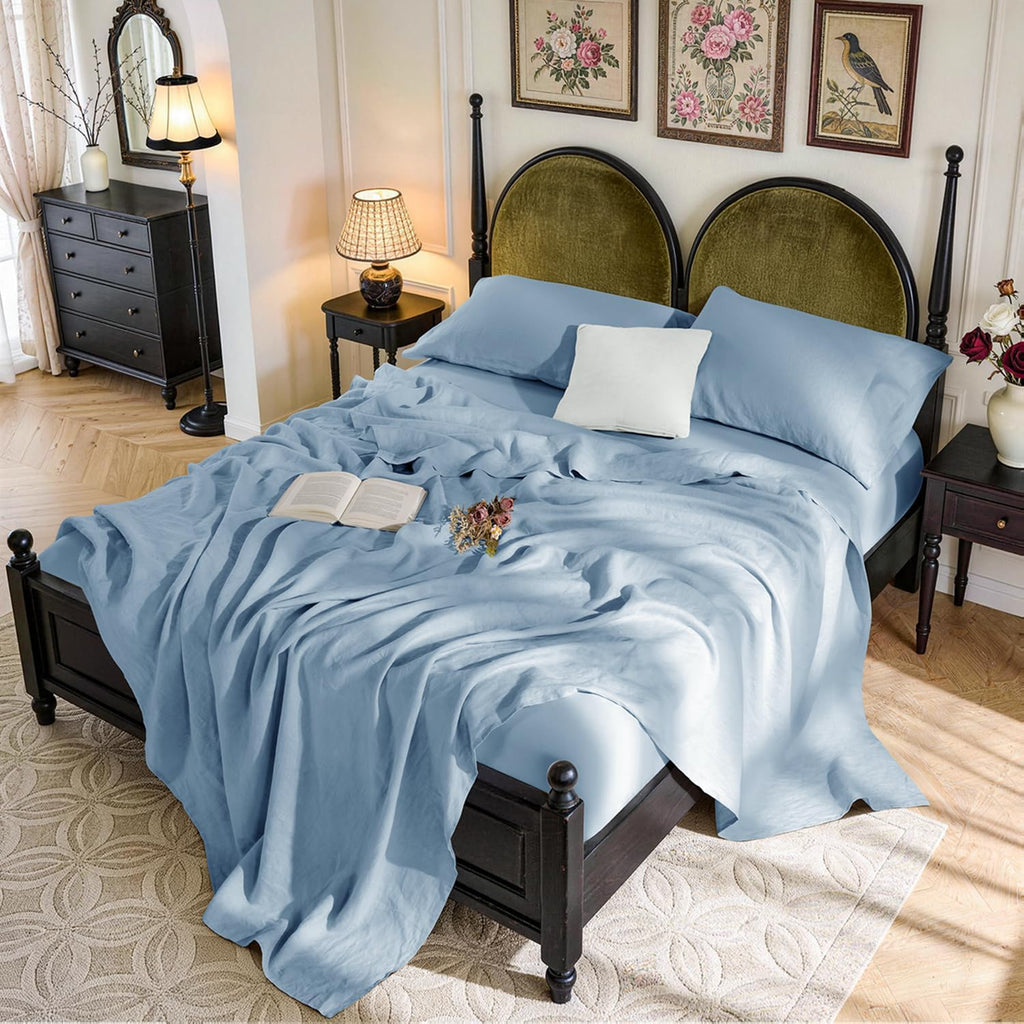 SONORO KATE 100% French Pure Linen Sheets, Breathable and Durable Queen Size Sheets, 16 Inch Deep Pocket - 4 Piece (Dusty Blue)