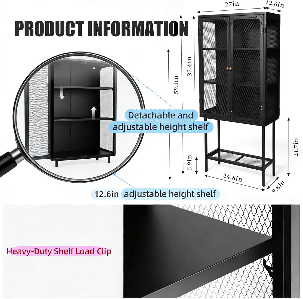LOKKHAN Industrial Metal Display Cabinet, Black Mesh Door Storage Unit with Retro Handles, 59.1 x 27 x 12.6 Inch Tall Standing Shelving, Magnetic Holders, Adjustable Feet