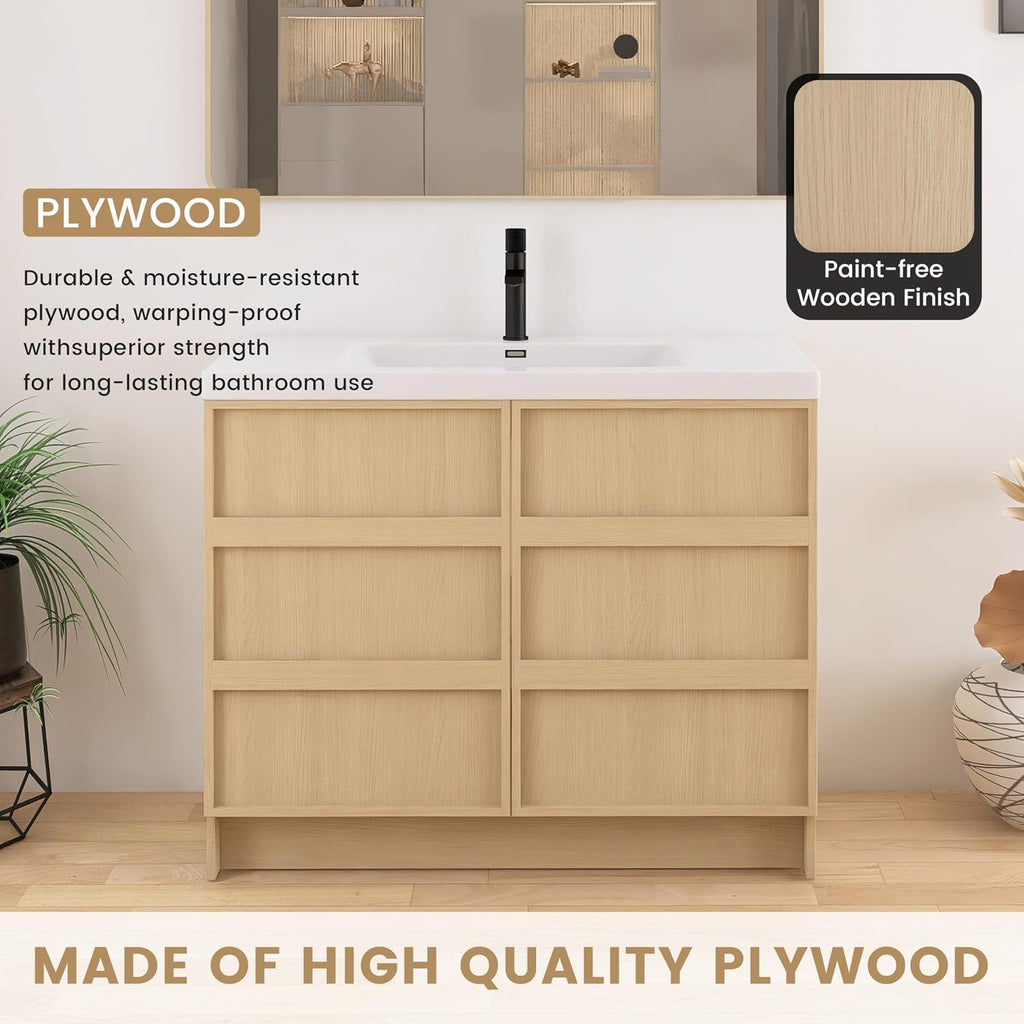 42 Inch Bathroom Vanity with Sink, 42' Freestanding Storage Cabinet Combo, 2 Soft Close Doors and Resin Basin, Modern Brown Floor Standing Vanity Set, Plywood Construction