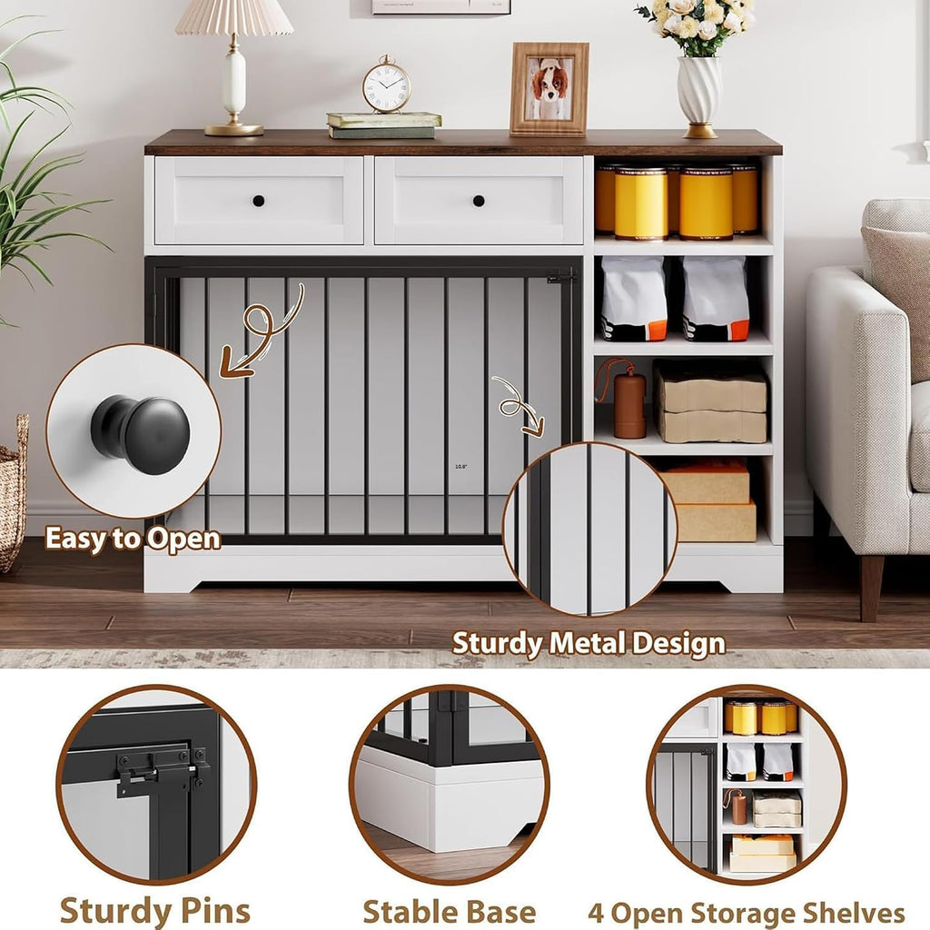 GarveeHome Dog Crate Furniture 47', Large Dog Crate TV Stand with 2 Drawers and 4 Shelves, Wooden Dog Kennel Indoor, Decorative Dog Cage with Storage for Large Dogs, White