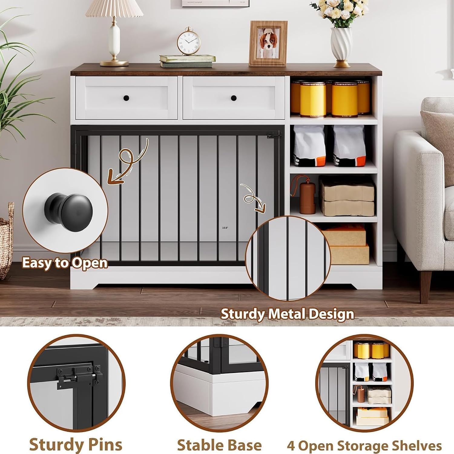 GarveeHome Dog Crate Furniture 47', Large Dog Crate TV Stand with 2 Drawers and 4 Shelves, Wooden Dog Kennel Indoor, Decorative Dog Cage with Storage for Large Dogs, White