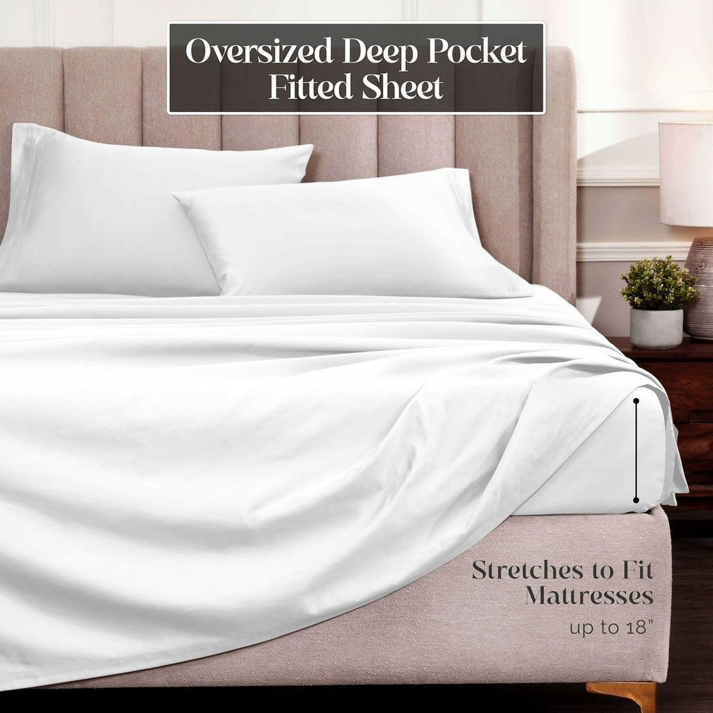 Superior Egyptian Cotton 4 Piece Sheet Set, Luxury 1500 Thread Count, Eco-Friendly, Sustainable Sheets, Ultra-Soft Basics, Solid, Deep Pocket Fitted Sheet, Flat Sheet, Pillowcases, Queen, White