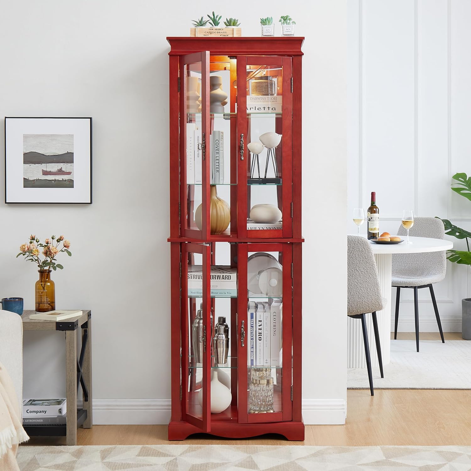 70' H Lighted Curio Cabinet Display Case, Glass Curio Cabinets with Adjustable Shelves and Tempered Glass Door, Wooden Cabinet w/Mirrored Back Pane for Living Room (Cherry)