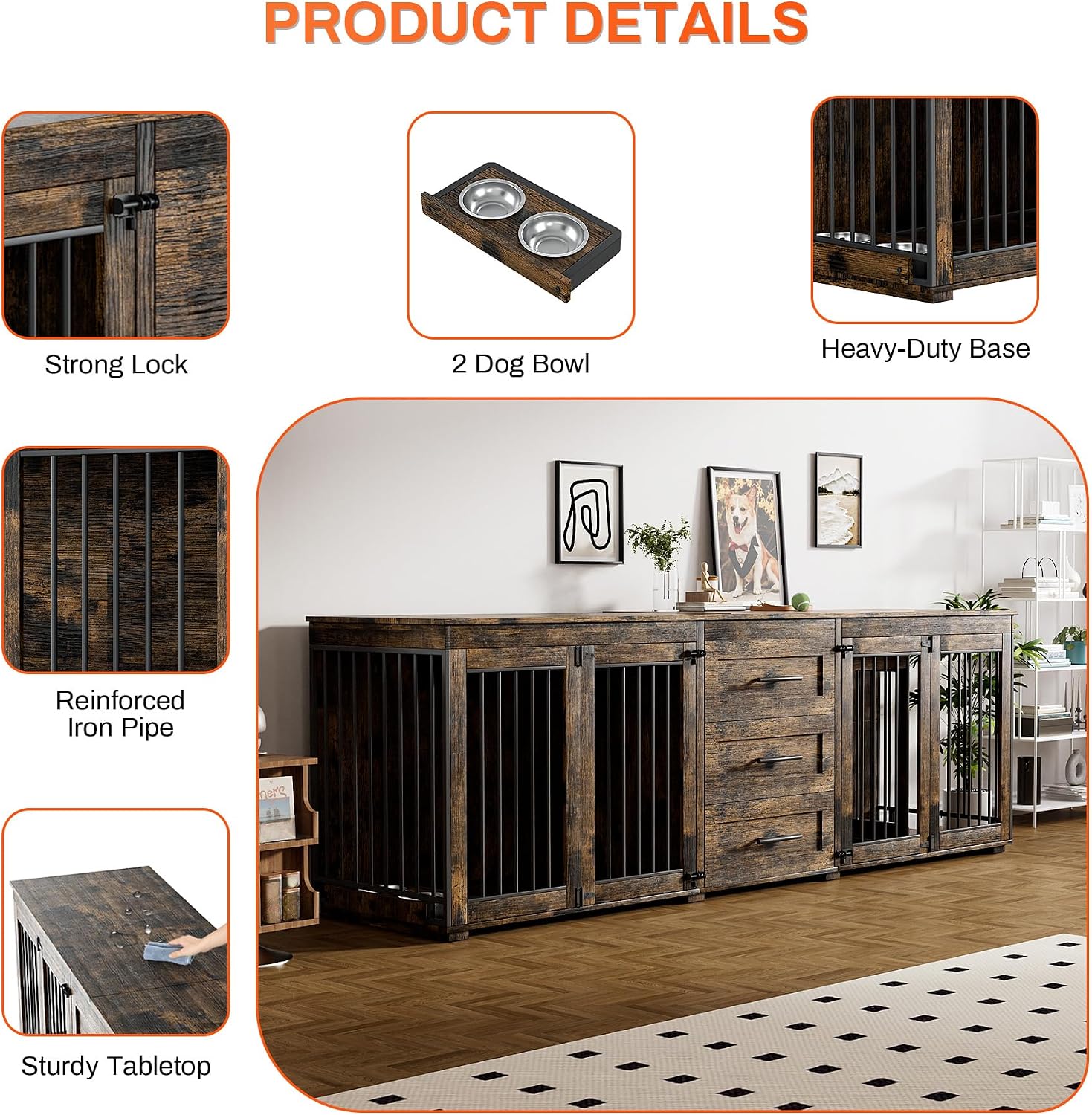 Rophefx 94.5' Dog Crate Furniture for 2 Dogs, Large Dog Kennel Furniture with 3 Storage Drawer, Wooden Dog Cage with 4 Bowls, Indoor Dog House TV Stand with Locks for Large Medium Dog, Rustic Brown