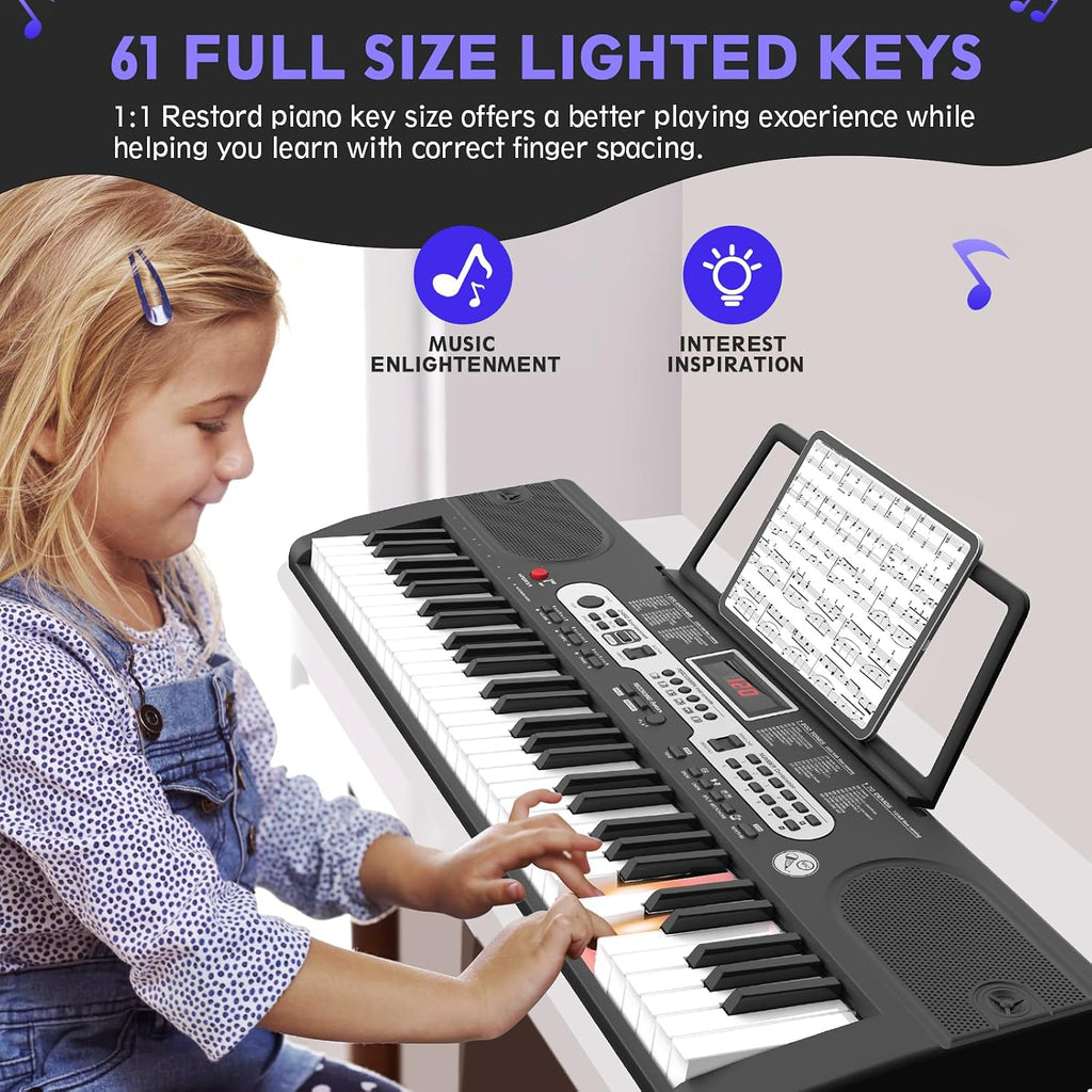 Fenbeli 61 Key Keyboard Piano for Beginners, Electric Piano Keyboard with Stand and Bench, Microphone, Headphone, Sheet Music Stand, LED Screen, 200 Tones, Teaching Mode, Holiday Gift