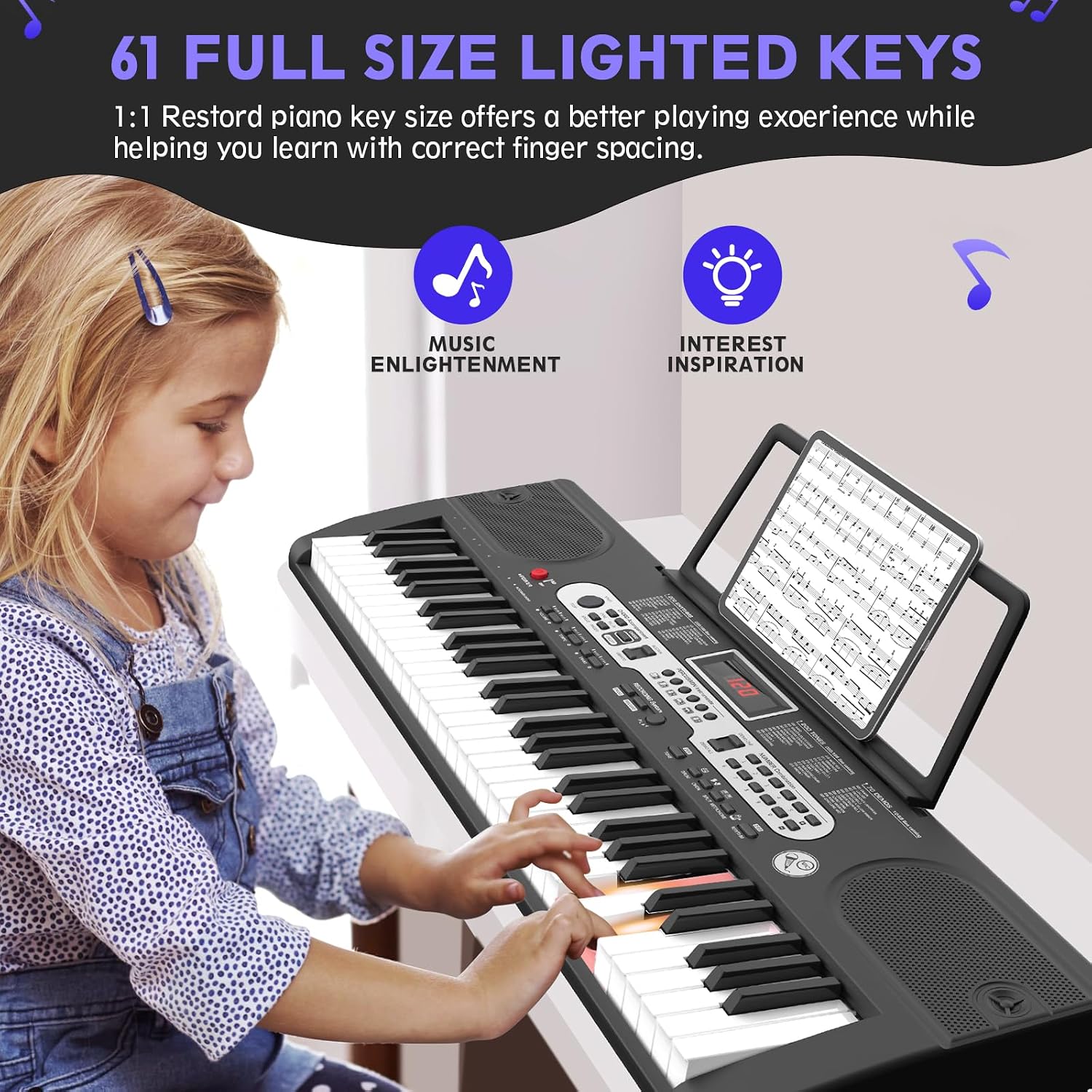 Fenbeli 61 Key Keyboard Piano for Beginners, Electric Piano Keyboard with Stand and Bench, Microphone, Headphone, Sheet Music Stand, LED Screen, 200 Tones, Teaching Mode, Holiday Gift