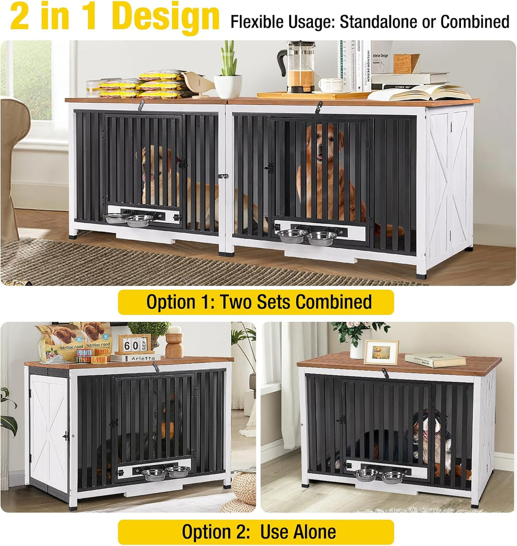 Aivituvin Dog Crate Furniture Foldable Side End Table Expandable Solid Wood Dog Kennel with 360° Rotatable Dog Bowls Indoor Cage, No Assembly Needed (Double Crate)