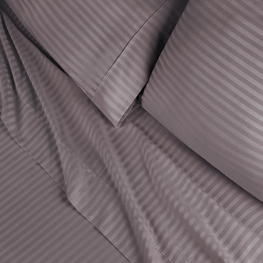 Superior Egyptian Cotton 300 Thread Count Bed Sheet Set, 2 Elastic Deep Pocket Fitted Sheets, 1 Flat Sheet, 2 Pillowcases, Daily Sheets, Luxury Home Essentials, Striped Design, Split King, Grey