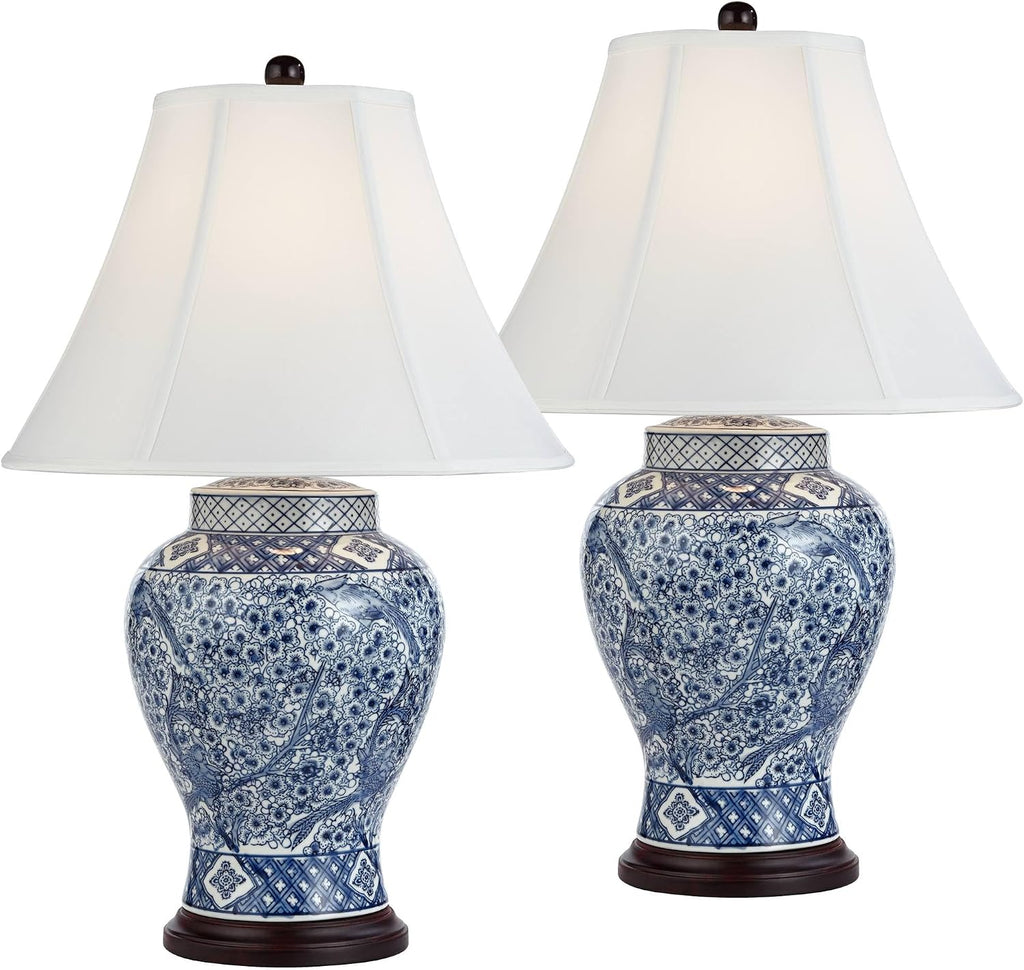 Barnes and Ivy Shonna Garden Bird 27' Tall Jar Traditional Table Lamps Set of 2 Blue Porcelain White Shade Living Room Bedroom Bedside Nightstand House Office Home Kitchen Entryway Console