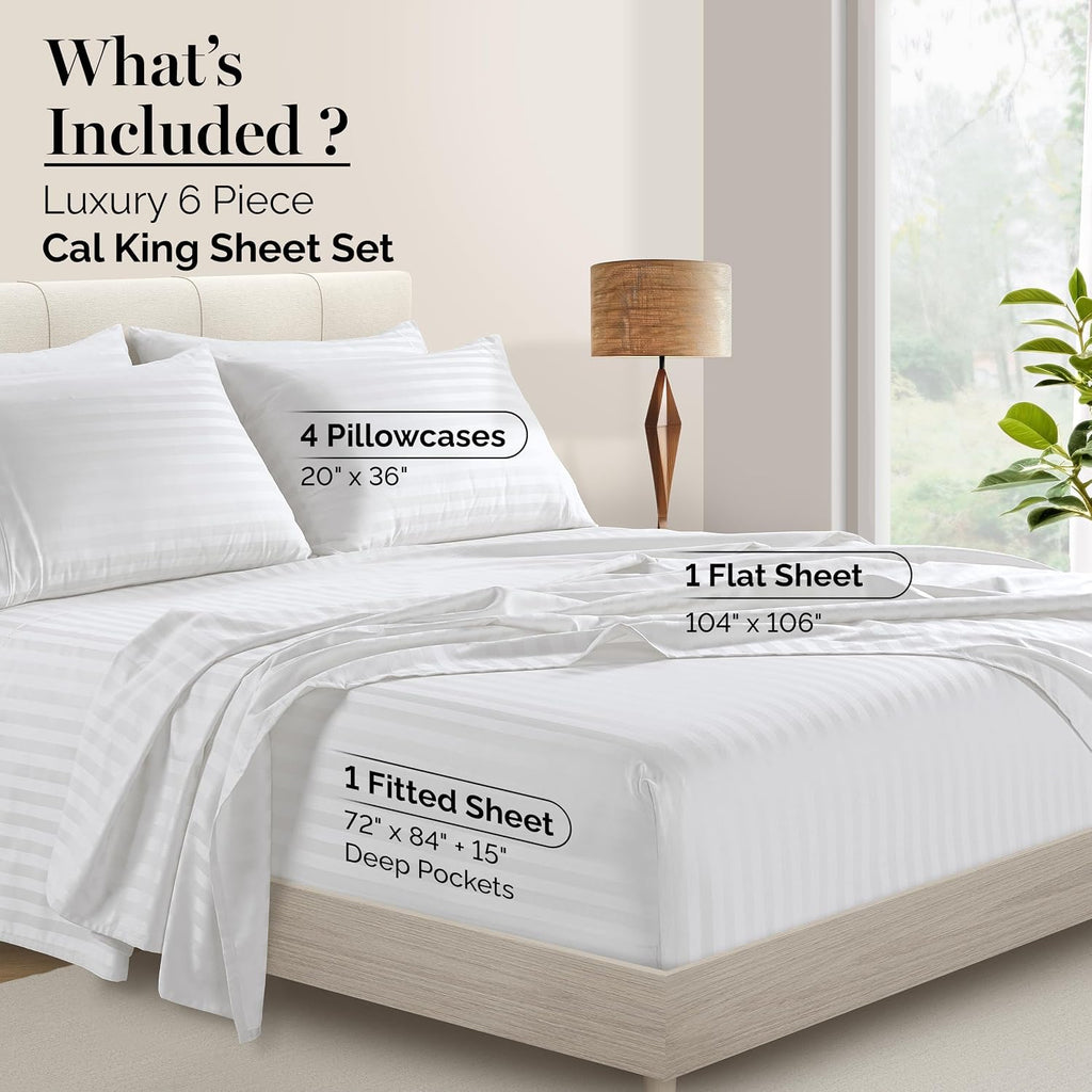 Casa Platino 100% Egyptian Cotton Sheets California King Size Set - 6 Pieces - Damask Stripe- Smooth Sateen Weave Bed Sheets, 15' Deep Pocket - Pure White Sheet Set