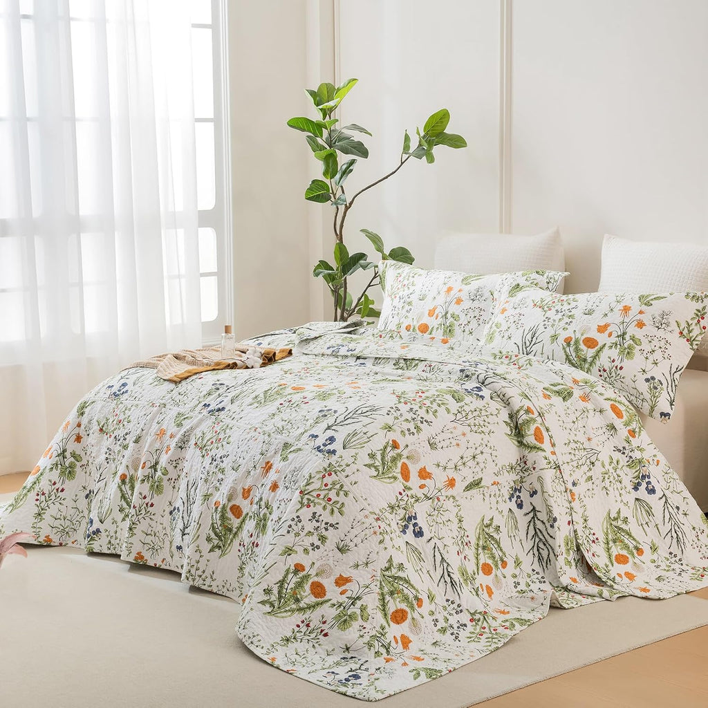 Lady Ann Oversized King Quilt Bedspreads 120x120-100% Cotton Floral California King Size Quilt Bedding Set Yellow Flowers & Leaves Pattern Plant Botanical Printed Quilted Coverlet Set, 3 Pcs