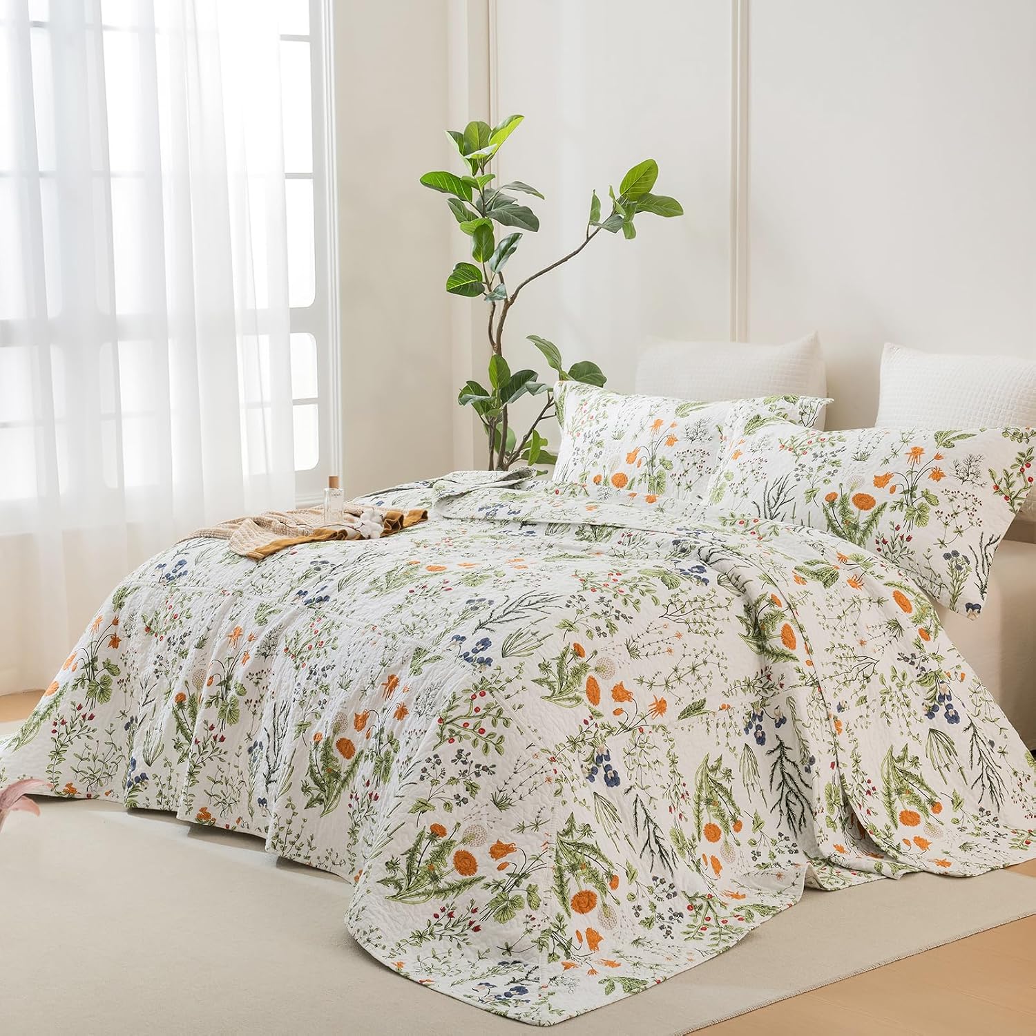 Lady Ann Oversized King Quilt Bedspreads 120x120-100% Cotton Floral California King Size Quilt Bedding Set Yellow Flowers & Leaves Pattern Plant Botanical Printed Quilted Coverlet Set, 3 Pcs