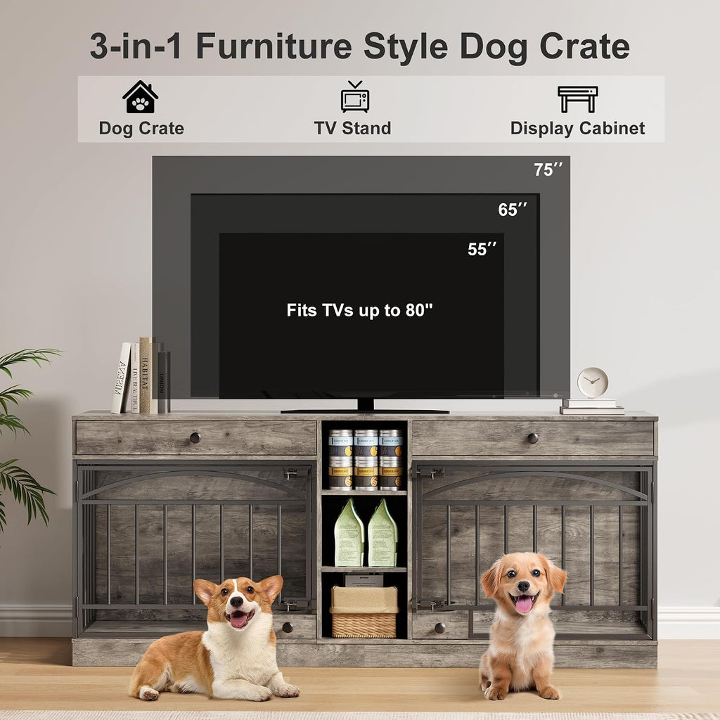 Garvee Dog Crate Furniture for 2 Dogs, Dog Kennel Indoor with Storage and Feeding Bowls, Double Dog Crate TV Stand for Small Medium Dogs, Grey