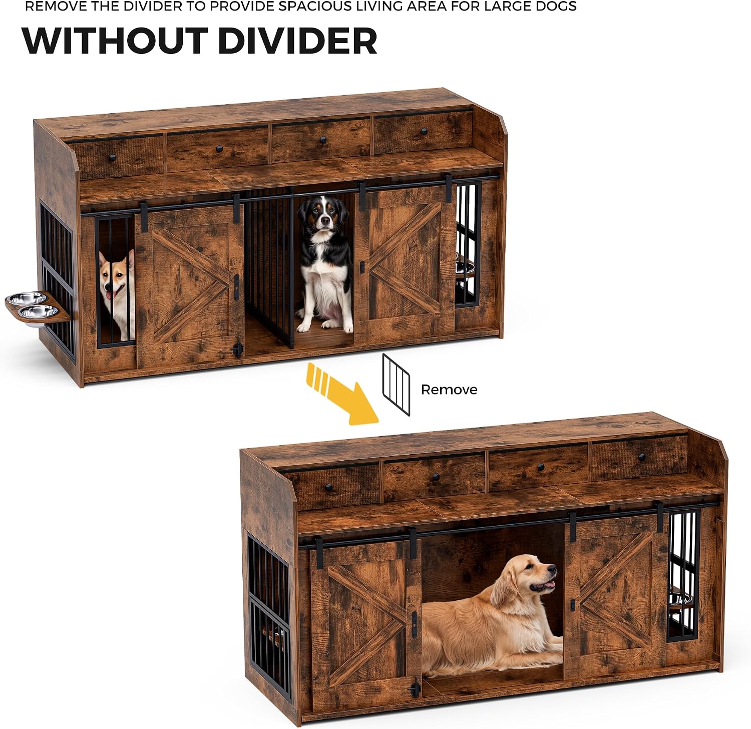 63' Double Dog Crate Furniture – Wooden Dog Kennel Indoor with Sliding Doors, Adjustable Bowls & Storage Drawers – Large Dog Crate TV Stand for 2 Dogs, Burnt Wood Color