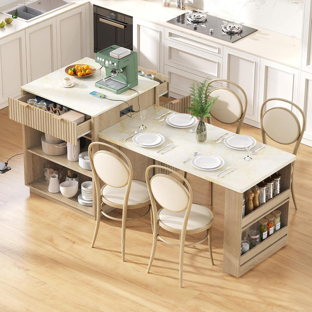 RUNNA 82.6' Fluted Kitchen Island with Extendable Dining Table for 4-6,Island Table for Kitchen with Power Outlet, Kitchen Table with Double-Side Storage, 2 Drawers 2 Side Open Shelves (Natural#18)