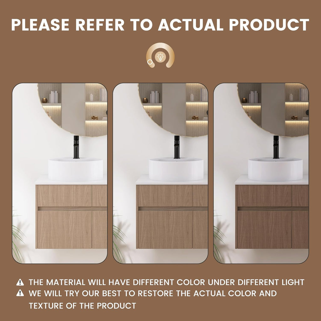 32 Inch Floating Bathroom Vanity with Sink, Modern Wall Mounted Cabinet, Ceramic Vessel Basin, 2 Soft Close Doors and 2 Drawer, Light Walnut